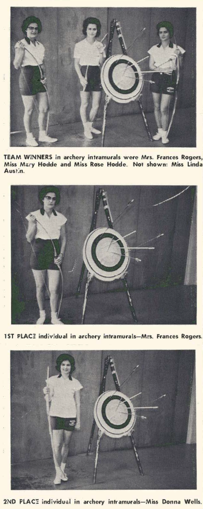 Three black-and-white photos of women in front of archery targets. The top shows three women as team winners. The middle shows one woman with a target for first place. The bottom shows another woman with a target for second place.