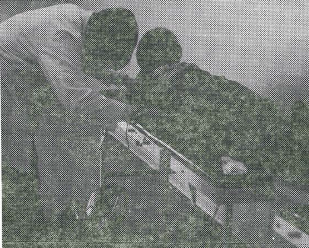 Two people in protective clothing inspect a conveyor belt carrying leafy green vegetables, possibly in a food processing or agricultural facility. The image appears in black and white with a grainy texture.
