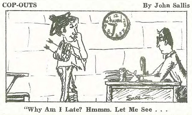 Student says to professor, "Why am I late? Let me see..."