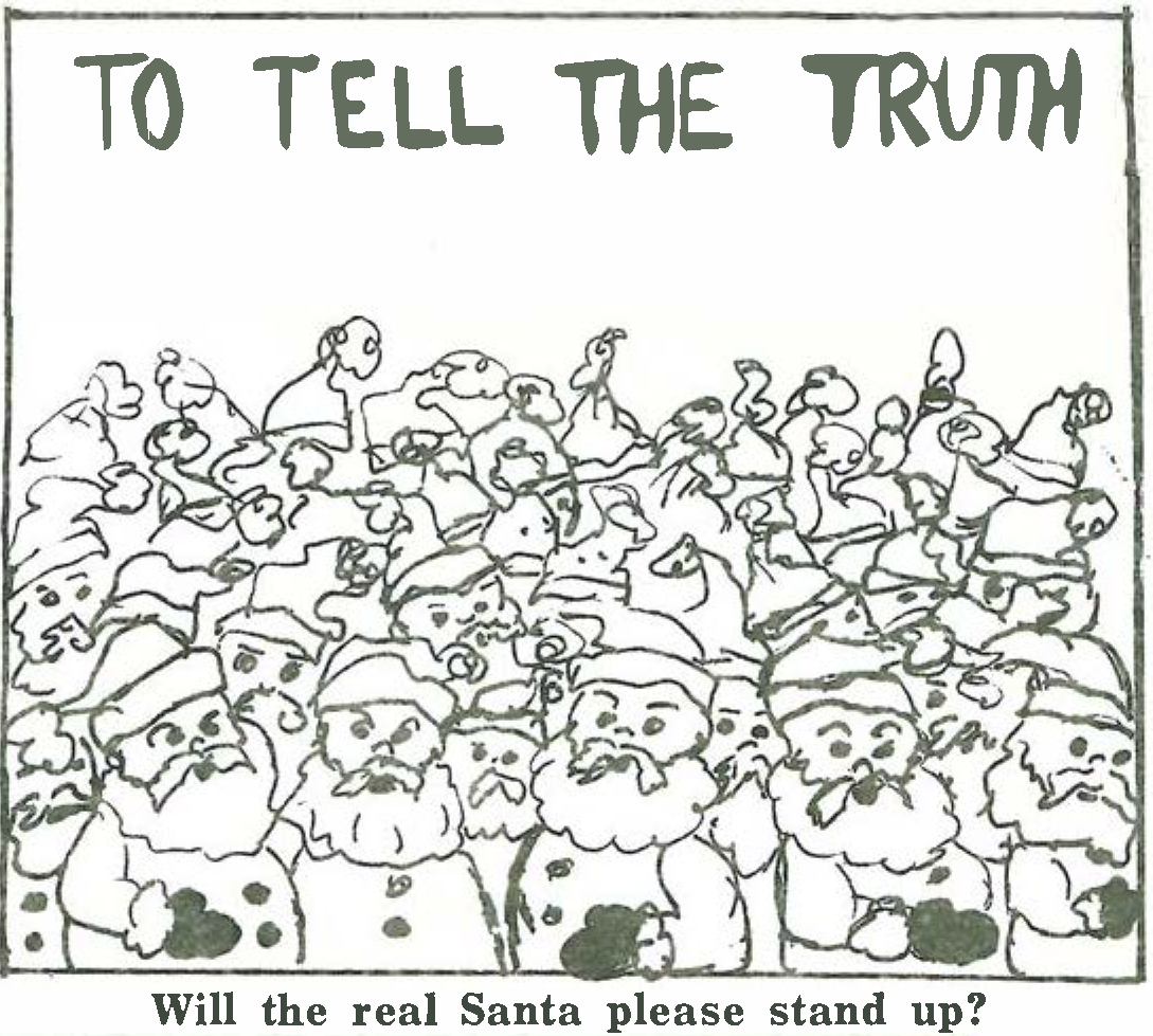 A crowd of cartoon Santas stands together under the words “TO TELL THE TRUTH.” Caption below reads, “Will the real Santa please stand up?”.
