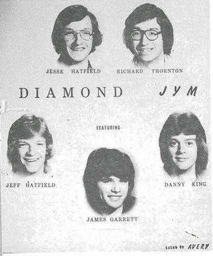 A black-and-white flyer shows five headshots labeled Jesse Hatfield, Richard Thornton, Jeff Hatfield, James Garrett, and Danny King, with the band name Diamond Jym and the word featuring above James Garrett.