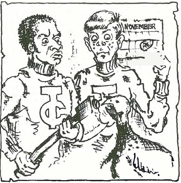 Two boys wearing shirts with large letters hold an axe and appear surprised, while a dog looks up at them. Behind them, a calendar displays the month of November. The scene is drawn in a black and white cartoon style.